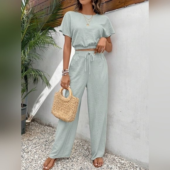 Women's Pants Set Loose Texture Solid Color Casual Two Piece Suit - Picture 5 of 6